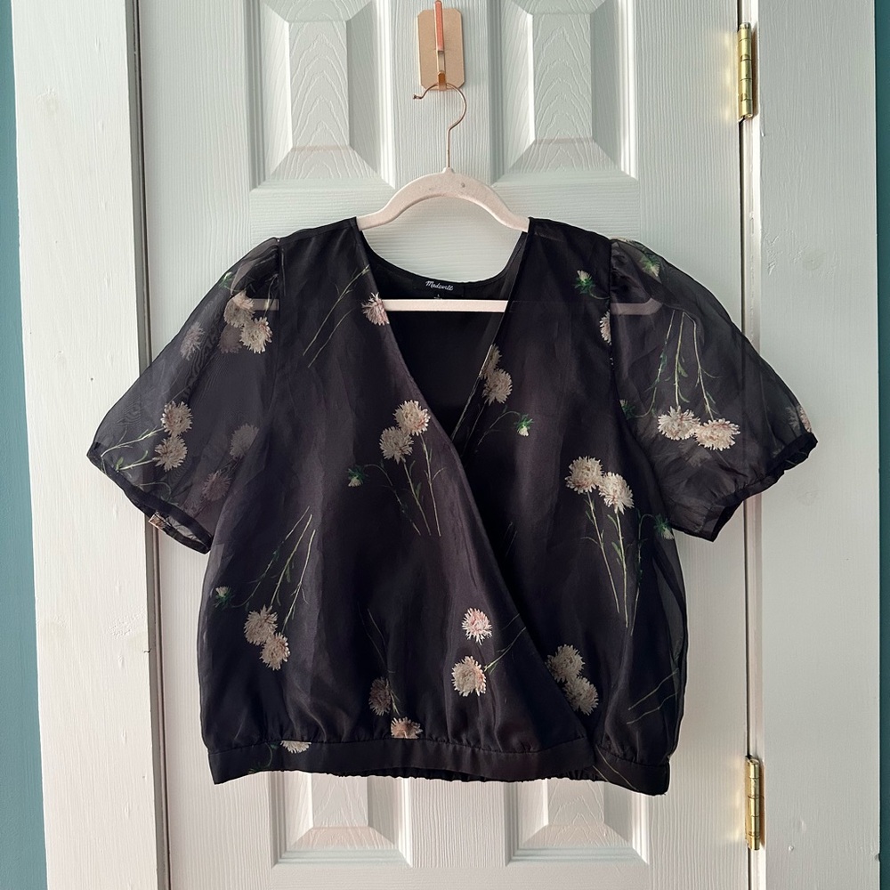 Madewell Silk Floral Wrap Crop Top | Sheer Black | Size L - Picture 2 of 6